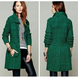 Free People Wool Cardigan Green Loch Raven Sweater Duster Long Womens small cozy